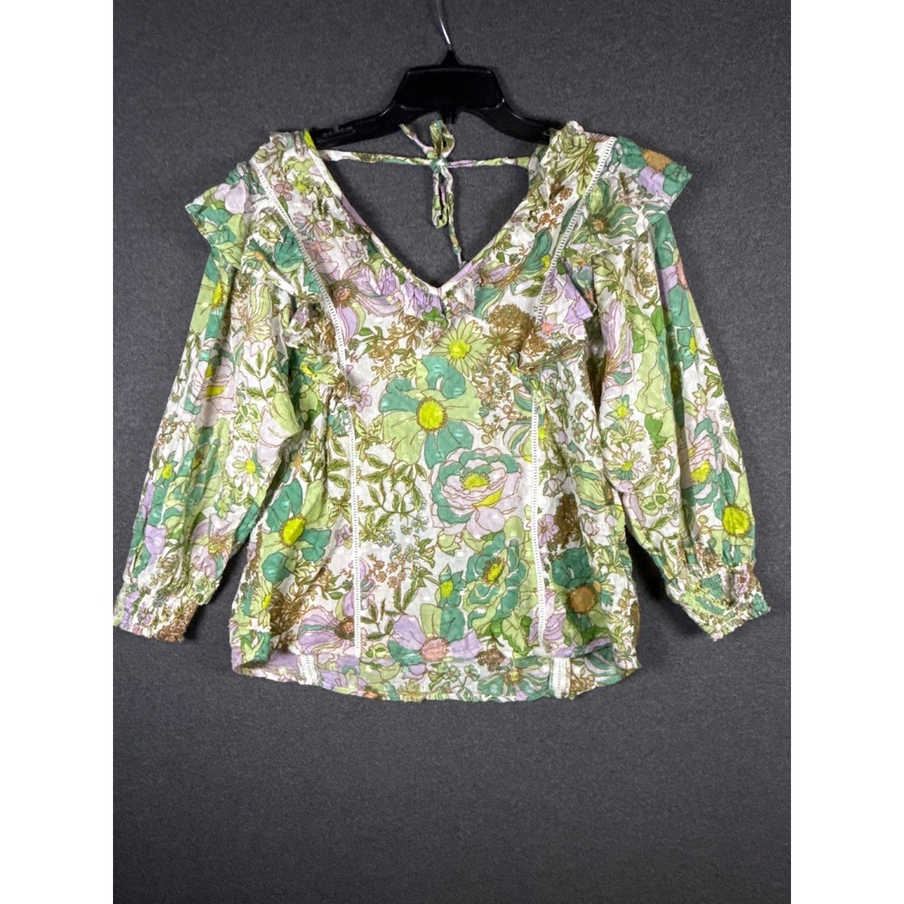 Anthropologie Floral Ruffle Blouse Green Purple Long Sleeve Tie Back Top Small